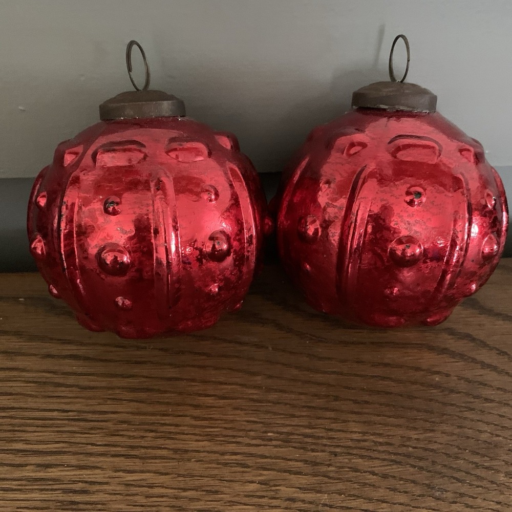2 Vintage‎ Red Mercury Heavy Glass Kugel Style Christmas Ornaments 5" Large